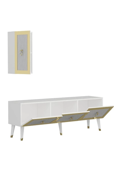 Cantek Dizayn Lazer Desenli 150 Cm Bare Tv Ünitesi Beyaz-Altın - 4