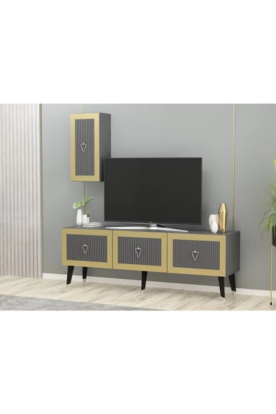 Cantek Dizayn Bare Tv Ünitesi, Orta Sehpa Ve Konsol 3'Lü Salon Takımı Antrasit-Altın - 5