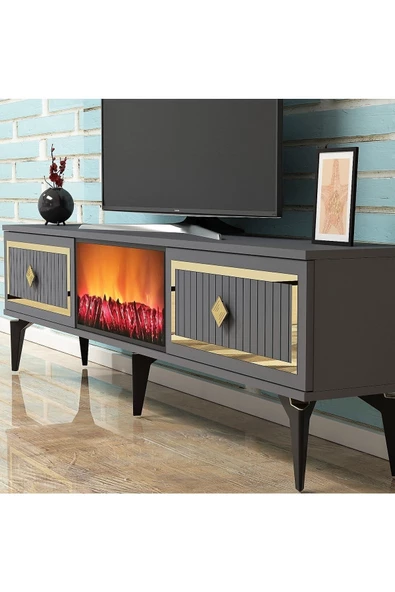 Cantek Dizayn Flame Şömineli Tv Sehpası (Alt Modül) Antrasit-Altın - 3