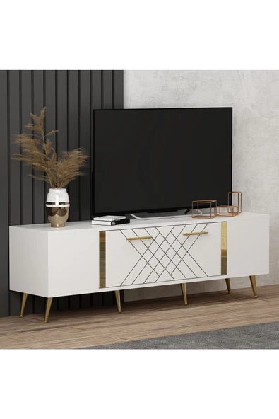 Cantek Dizayn Lazer Desenli 150 Cm Detas Tv Ünitesi Beyaz-Altın - 2