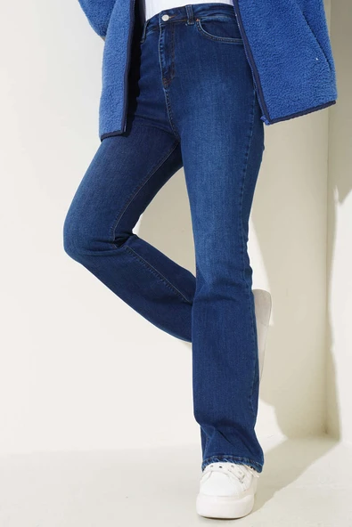 Yüksek Bel İspanyol Paça Pantolon Koyu Mavi ürün görseli 1