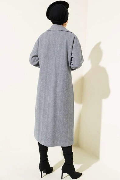 İnce Zikzak Çizgili Kaşe Kaban Duman Gri - Resim 3