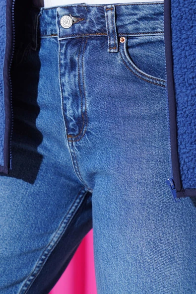 Dar Paça Mom Jeans Kot Pantolon Mavi - 4