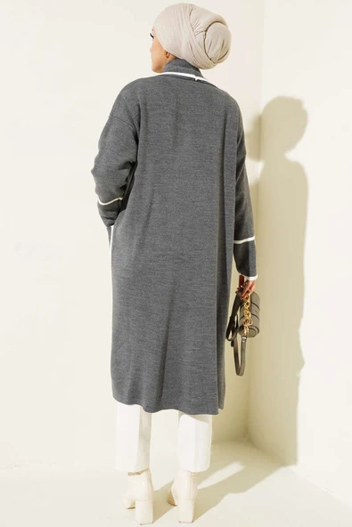 Şal Yaka Cepli Triko Hırka Füme - Resim 3