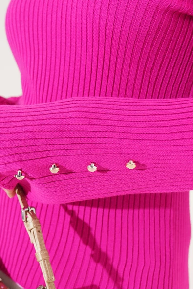 Omuz Fırfırlı Fitilli Triko Kazak Fuşya - Resim 4