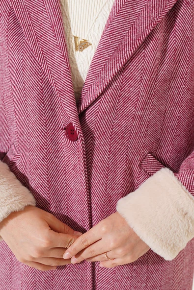 Kolu Peluş Zigzag Desen Kaşe Kaban Bordo - 4