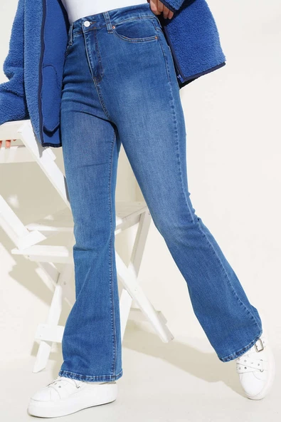 Yüksek Bel İspanyol Paça Pantolon Orta Mavi - Resim 2