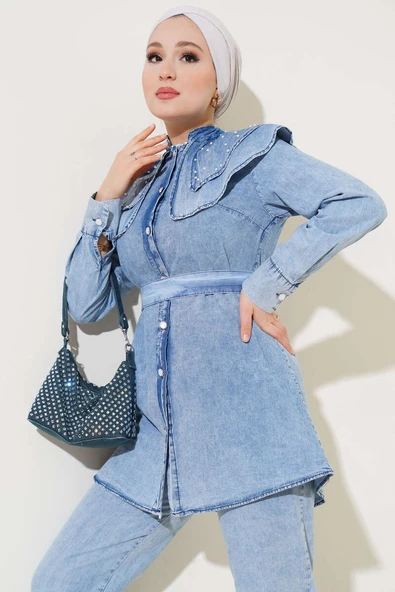 İncili Bebe Yaka Kot İkili Takım Kot Mavisi - Resim 2