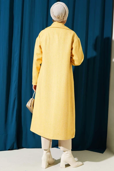 İnce Zikzak Çizgili Kaşe Kaban Hardal - Resim 3