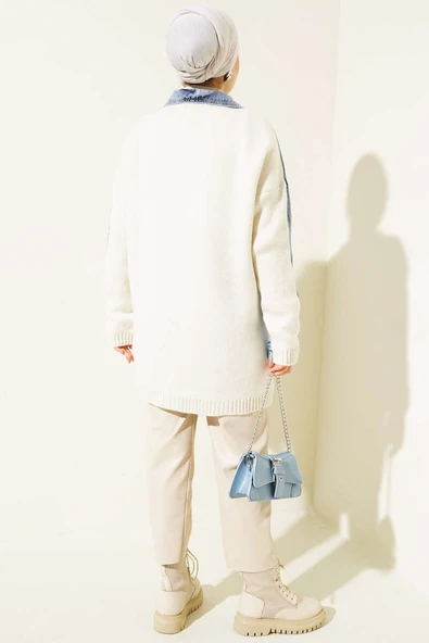 Önü Kot Garnili Ceket Vanilya - Resim 3