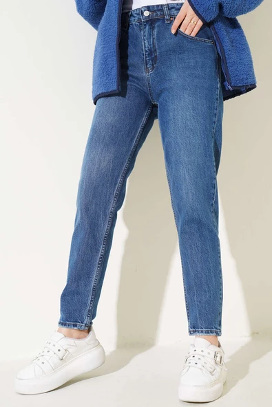Dar Paça Mom Jeans Kot Pantolon Koyu Mavi - 2