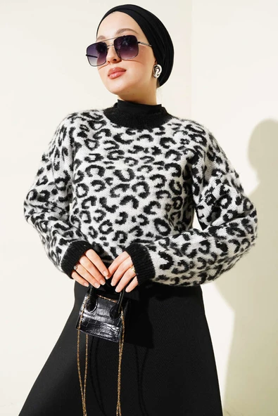 Leopar Desen Triko Kazak Beyaz - 2