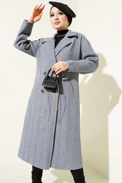 İnce Zikzak Çizgili Kaşe Kaban Duman Gri ürün görseli 1