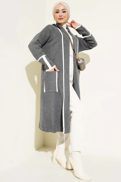 Şal Yaka Cepli Triko Hırka Füme - Resim 2