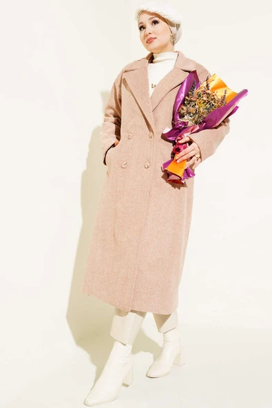 İnce Zikzak Çizgili Kaşe Kaban Latte - Resim 2