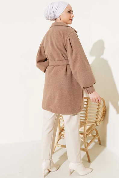 Çizgi Desen Kuşaklı Kaşe Kaban Latte - Resim 3