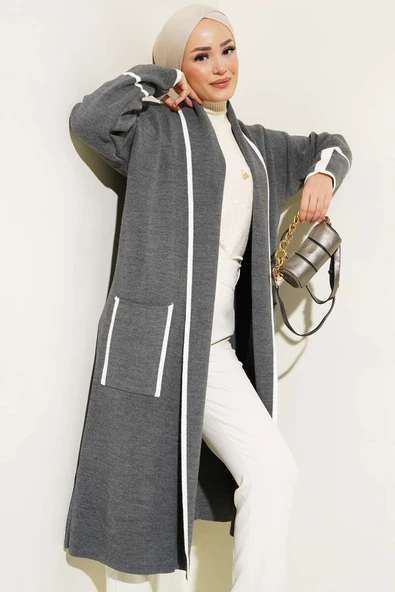 Şal Yaka Cepli Triko Hırka Füme ürün görseli 1