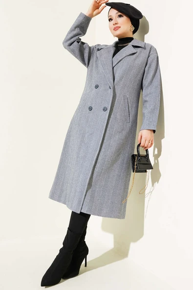 İnce Zikzak Çizgili Kaşe Kaban Duman Gri - Resim 2