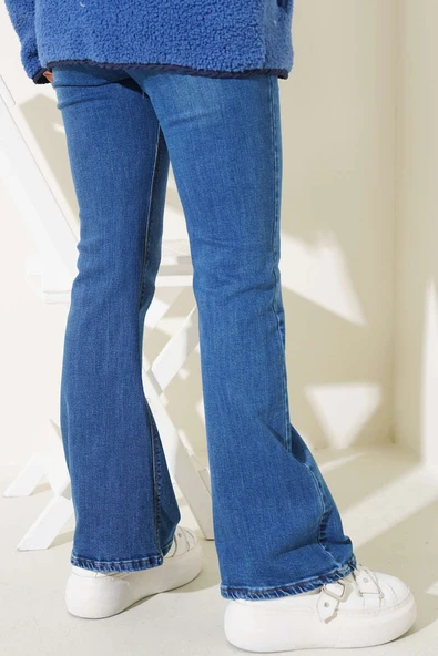 Yüksek Bel İspanyol Paça Pantolon Orta Mavi - Resim 3