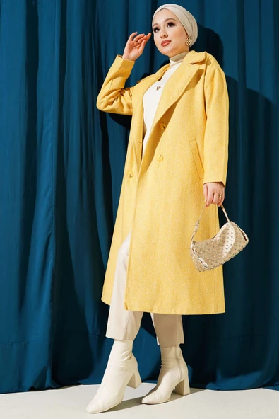 İnce Zikzak Çizgili Kaşe Kaban Hardal - Resim 2