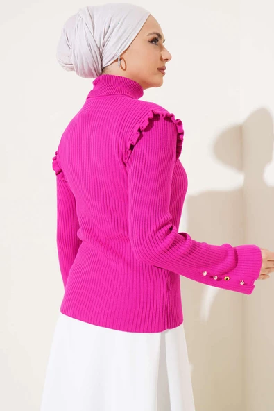 Omuz Fırfırlı Fitilli Triko Kazak Fuşya - Resim 3