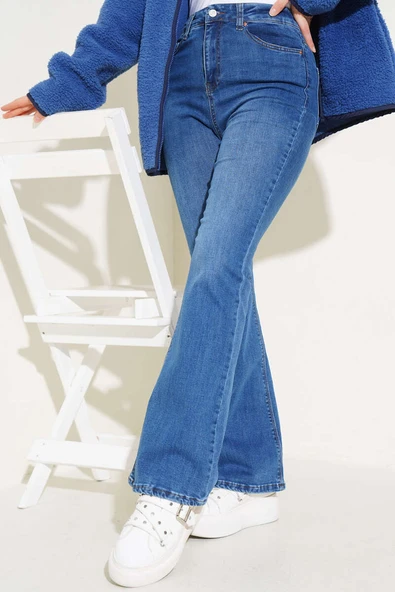 Yüksek Bel İspanyol Paça Pantolon Orta Mavi ürün görseli 1