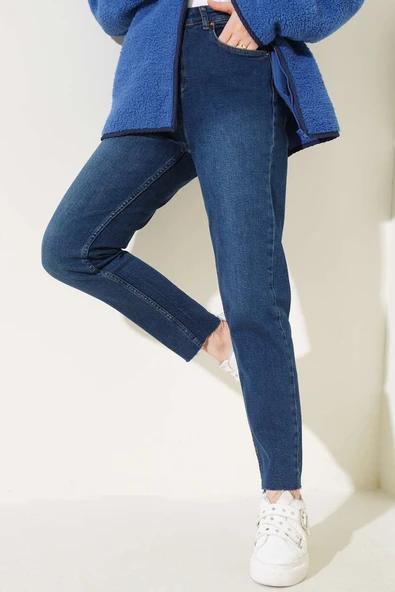 Kesik Paça Mom Jean Pantolon Koyu Tint - 2
