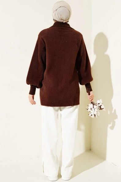 Fermuarlı Sakallı Triko Hırka Kahve - Resim 3