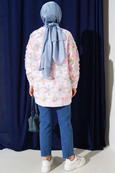 Tül Çiçekli Triko Tunik Pembe - Resim 3