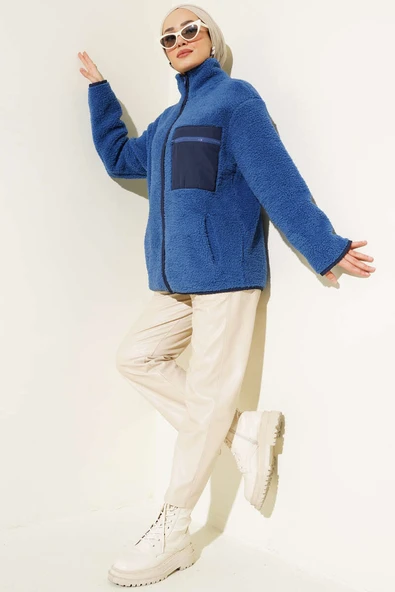 Göğüs Cepli Peluş Hırka İndigo - Resim 2