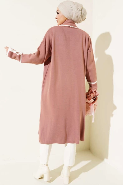 Şal Yaka Cepli Triko Hırka Pudra - Resim 3