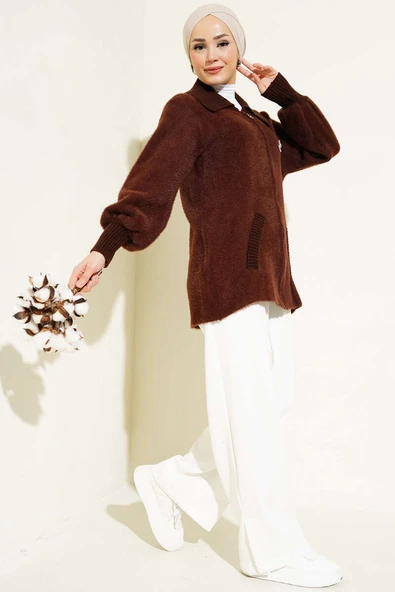 Fermuarlı Sakallı Triko Hırka Kahve - Resim 2