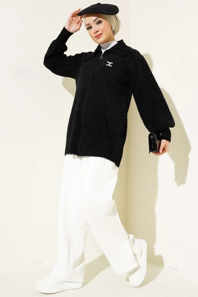 Fermuarlı Sakallı Triko Hırka Siyah - Resim 2