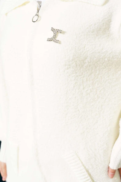 Fermuarlı Sakallı Triko Hırka Ekru - Resim 4
