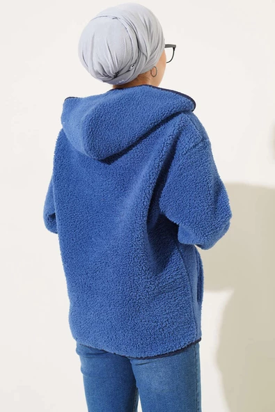 Kapüşonlu Fermuarlı Peluş Hırka İndigo - 3