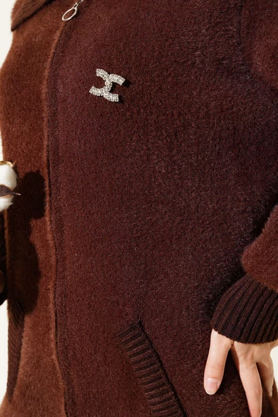 Fermuarlı Sakallı Triko Hırka Kahve - 4