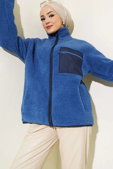 Göğüs Cepli Peluş Hırka İndigo ürün görseli