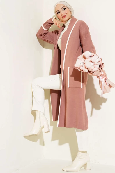 Şal Yaka Cepli Triko Hırka Pudra - Resim 2