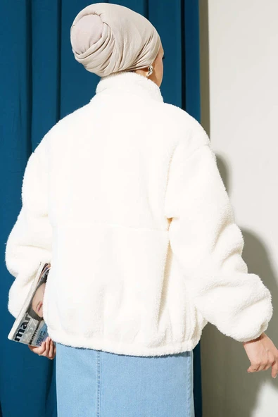 Garnili Cepli Kısa Peluş Mont Gri - Resim 3