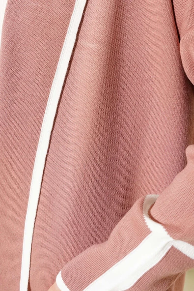 Şal Yaka Cepli Triko Hırka Pudra - Resim 4