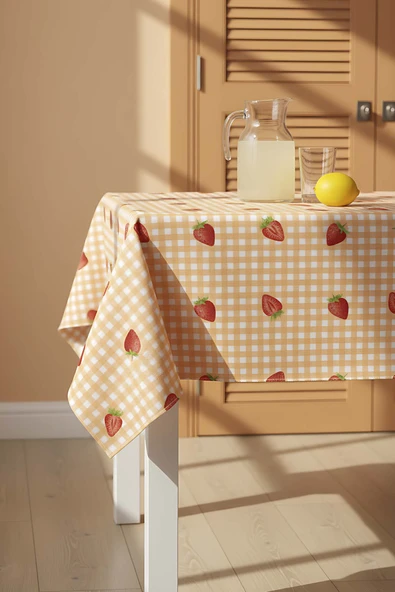 Rivaİstanbul Pötikare Çilek Desenli Turuncu Masa Örtüsü, Sofra Bezi, Piknik Örtüsü ürün görseli 1