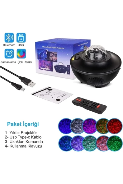 Yüksek Kalite Ses 180° Dönme Özellikli Bluetooth Yıldız Projektör 12 Farklı Renk Akıllı Ses Kontrolü - 2