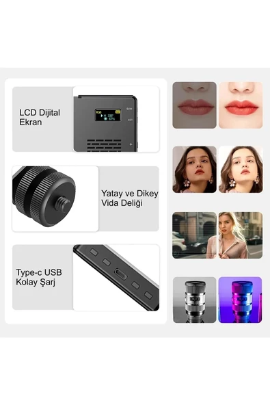 Profesyonel Çekim RGB LED Dolgu Işığı Ayarlanabilir Renk ve Parlaklık Yüksek Kapasite Batarya USB-C - 6