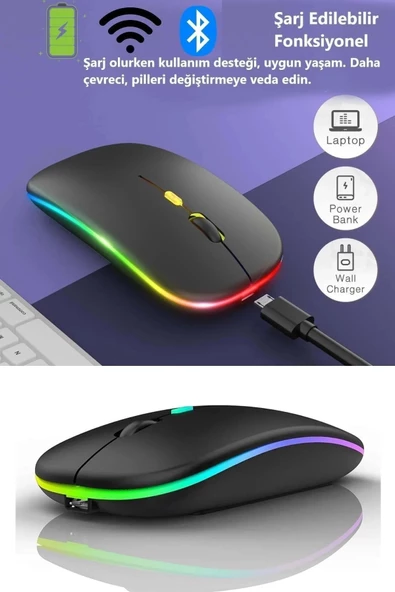 Şarjlı Kablosuz Mouse Bluetooth 2.4ghz RGB Işıklı Sessiz Tıklama Tablet Telefon Bilgisayar Uyumlu - 2