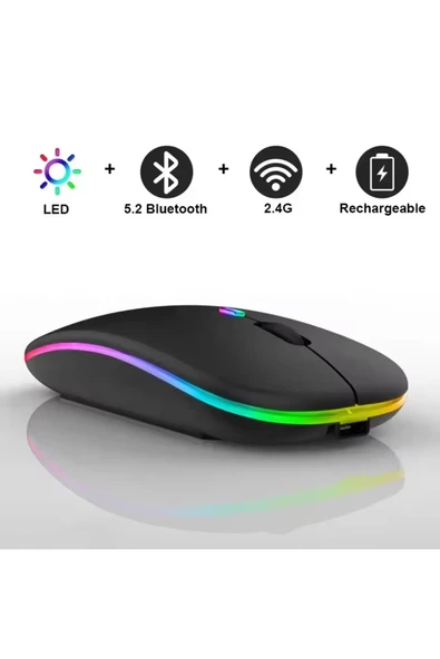 Şarjlı Kablosuz Mouse Bluetooth 2.4ghz RGB Işıklı Sessiz Tıklama Tablet Telefon Bilgisayar Uyumlu