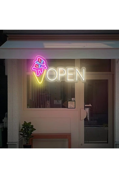 Twins Led Aydınlatma OPEN Yazılı Dondurma Figürlü Neon Tabela