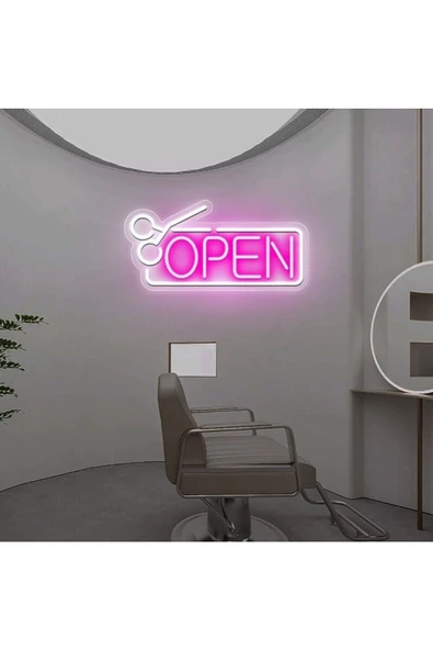 Twins Led Aydınlatma OPEN Yazılı Makas Figürlü Neon Tabela