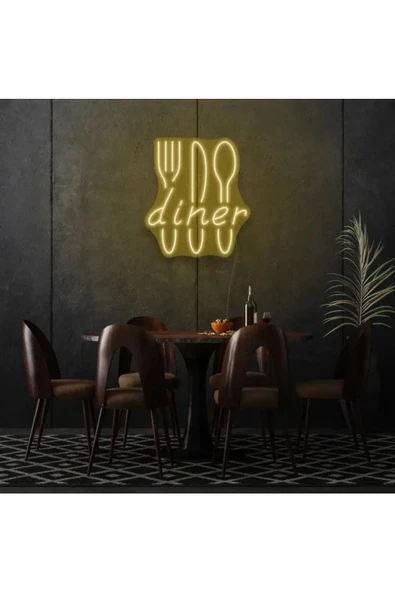 Twins Led Aydınlatma Restoranlara Özel Diner Yazılı Çatal,Bıçak,Kaşık Şekilli Neon Tabela