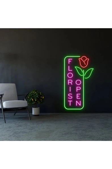 Twins Led Aydınlatma FLORIST OPEN Yazılı Çiçek Figürlü Neon Tabela