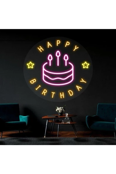 Twins Led Aydınlatma Happy Birthday Yazılı Pasta Figürlü Neon Tabela ürün görseli 1